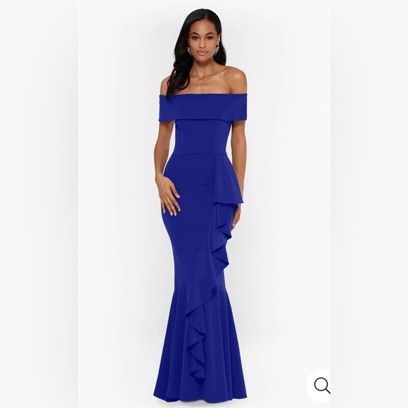 Betsy & Adam Dresses & Skirts - BETSY & ADAM Long Off the Shoulder Scuba Front Ruffle Cascade Sz 14 NWT $279